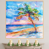 Colorful Palm Tree at Sunset by the Ocean Watercolor Painting Beach Scene on Ready to Hang 1.5" Thick Canvas Wrap, Floating Framed Canvas, Flat Rolled Canvas